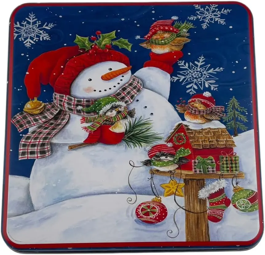 Night Blue Square Metal Christmas Snowman Tin Box with Snug-Fitting Removable Lid - Reusable Kitchen Preserving Container, Holiday Ice Bucket, Festive Artwork Gift Decoration