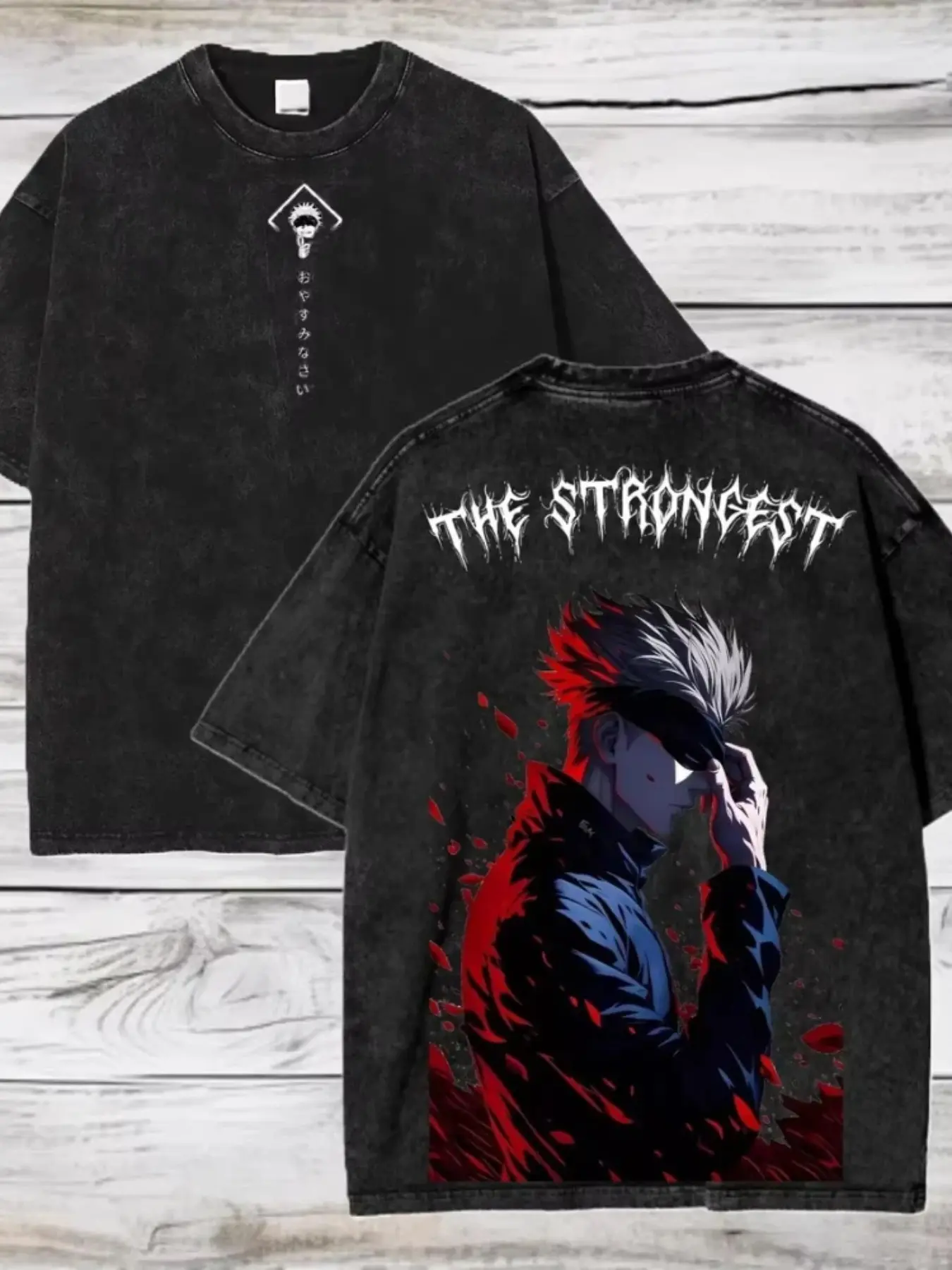 Gojo Gojo Theme Washed Vintage T-shirt, Black Basic Loose American Retro Short Sleeve, Iconic White Hair, Eye Mask, Paired with "THE STRONGEST" Text, Red Splash Ink Element Enhances Character's Atmosphere
