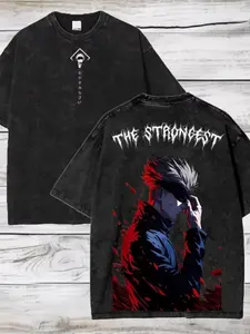 Gojo Gojo Theme Washed Vintage T-shirt, Black Basic Loose American Retro Short Sleeve, Iconic White Hair, Eye Mask, Paired with "THE STRONGEST" Text, Red Splash Ink Element Enhances Character's Atmosphere