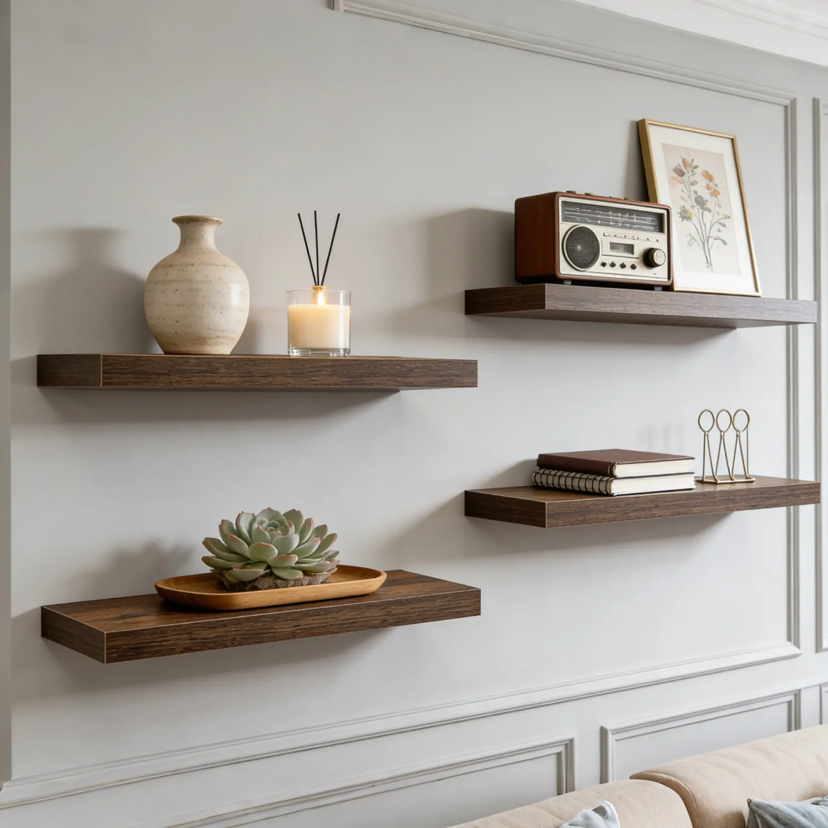 Rustic Brown Floating Wood Wall Shelves Set – Decorative Wall Shelf with Metal Brackets for Living Room, Bedroom, Kitchen, Bathroom – Perfect for Picture Frames, Plants & Home Decor