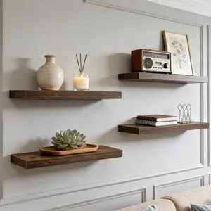 Rustic Brown Floating Wall Shelves, Wood Wall Mounted Shelf with Metal Brackets for Living Room Bedroom Kitchen Bathroom, Perfect for Picture Frames Plants Home Decor