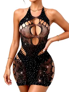 B2LOVER Womens Nightwear Fishnet One Piece Bodystocking Sexy Cut Out Bodysuit Sparkle Rhinestone Halter Mini Dress Black Lingerie Womenswear