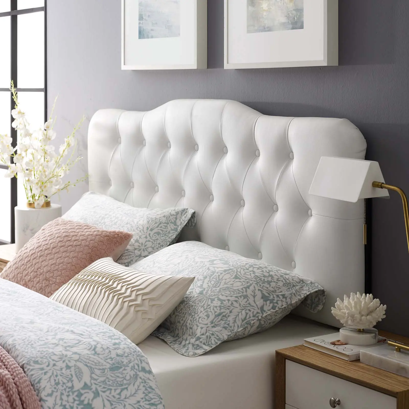 Modway Annabel Queen-Size Upholstered Tufted Vinyl Headboard, Indoor Furniture Bed Frame Accessory - White, Upholstered Tufted Headboard