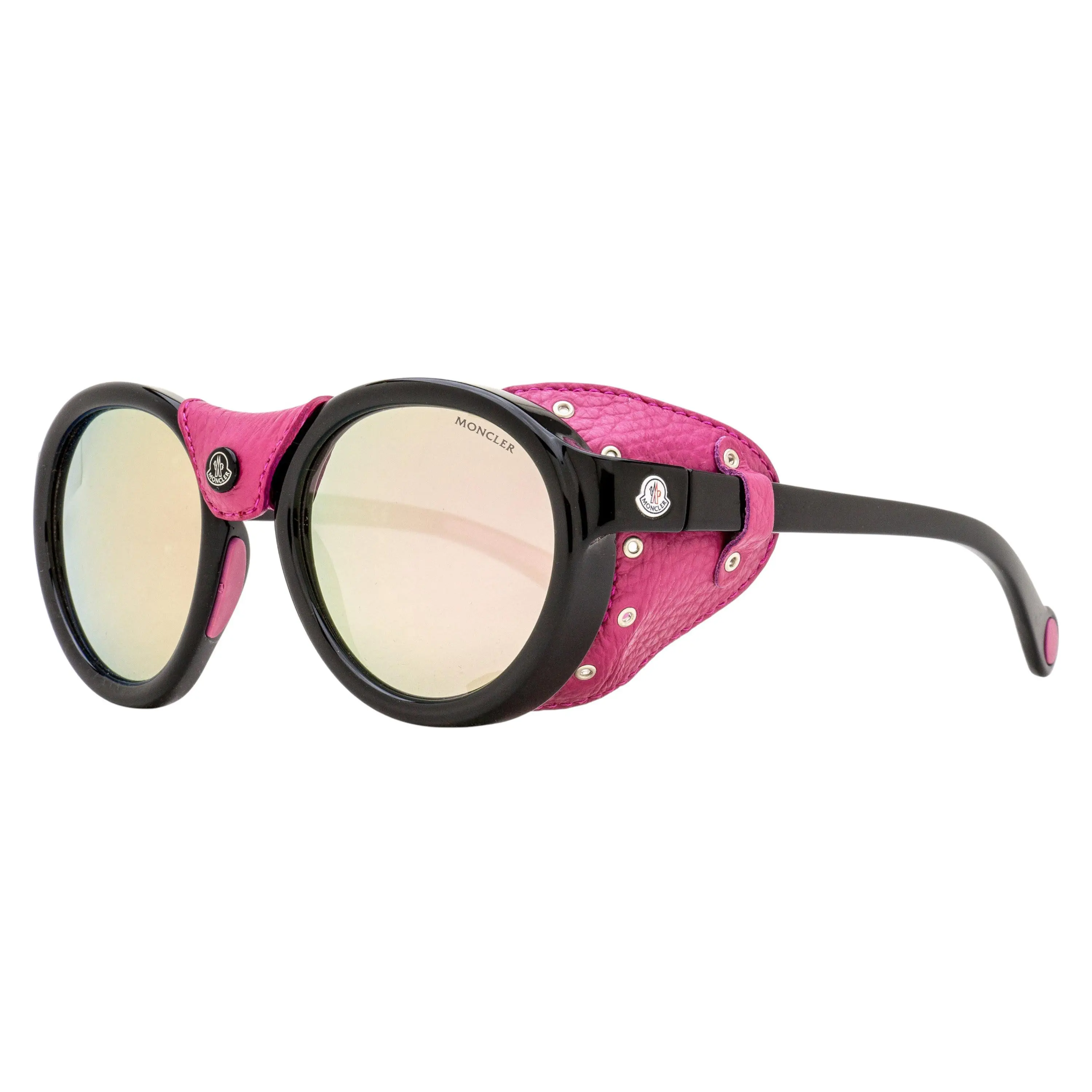 Moncler ML0046 01C Oval Lenses Sunglasses, Bold Frame, Leather Wrap, Removable Blinders, UV Protected, Black/Rose Red, 52mm, High Endurance, Statement Frame Glasses