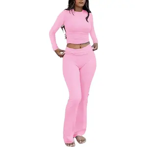 Casual Workout Two Piece Outfits Long Sleeve High Waist Fold-Over Flared Leggings Pants Tracksuit Sets StreetwearGift