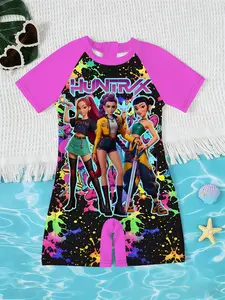 Girls Kpop Korean Style Jumpsuit, Ink Battle Cartoon Print Short Sleeve Quick-Dry Swimsuit, Children Beach Sea Vacation Swimwear, Sea Fancy Swimsuits