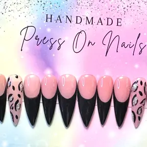 Black French Cheetah Design Handmade Acrylic Press On Nails 10 PCS - Lightweight, Durable, Available in Various Shapes and Sizes