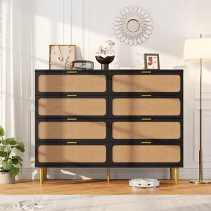 Garvee Rattan 8 Drawer Tall Dresser with Deep Drawers, Large Wooden Chest of Drawers for Bedroom, Closet, Living Room, Hallway, and Kids Room, Featuring a Wide Top in Black Finish