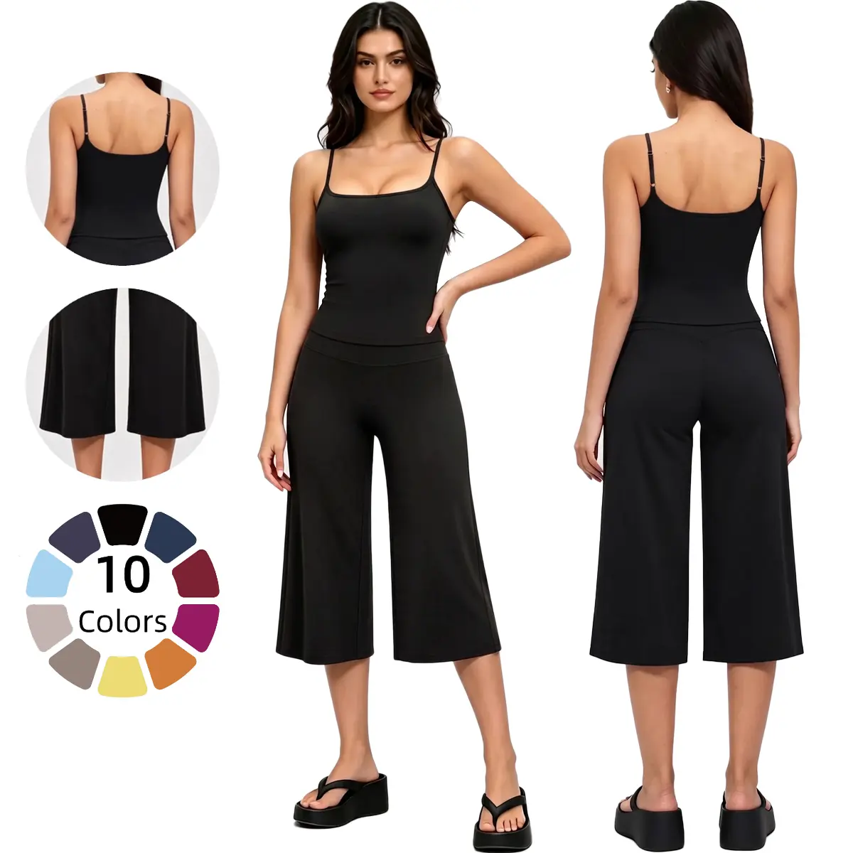 Women 2 Piece Workout Set Adjustable Spaghetti Straps Tank Top and High Waist Active Wide Leg Capri Pants Yoga Outfits