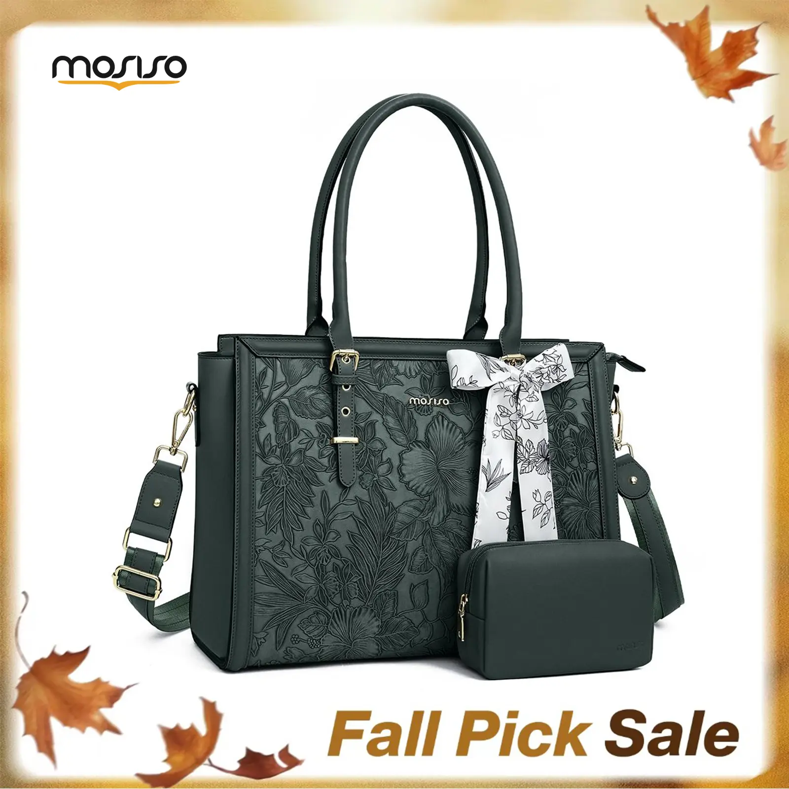MOSISO Women's Retro Hibiscus Pattern PU Leather Laptop Tote Bag - 15.6-17.3in Waterproof Adjustable Shoulder Travel Bag, 3 Compartments, Padded Section, Clutch Purse, Silk Scarf, Zipper, Fits MacBook/Dell/HP, Ideal for Office, Gifts for Women, Adjustable