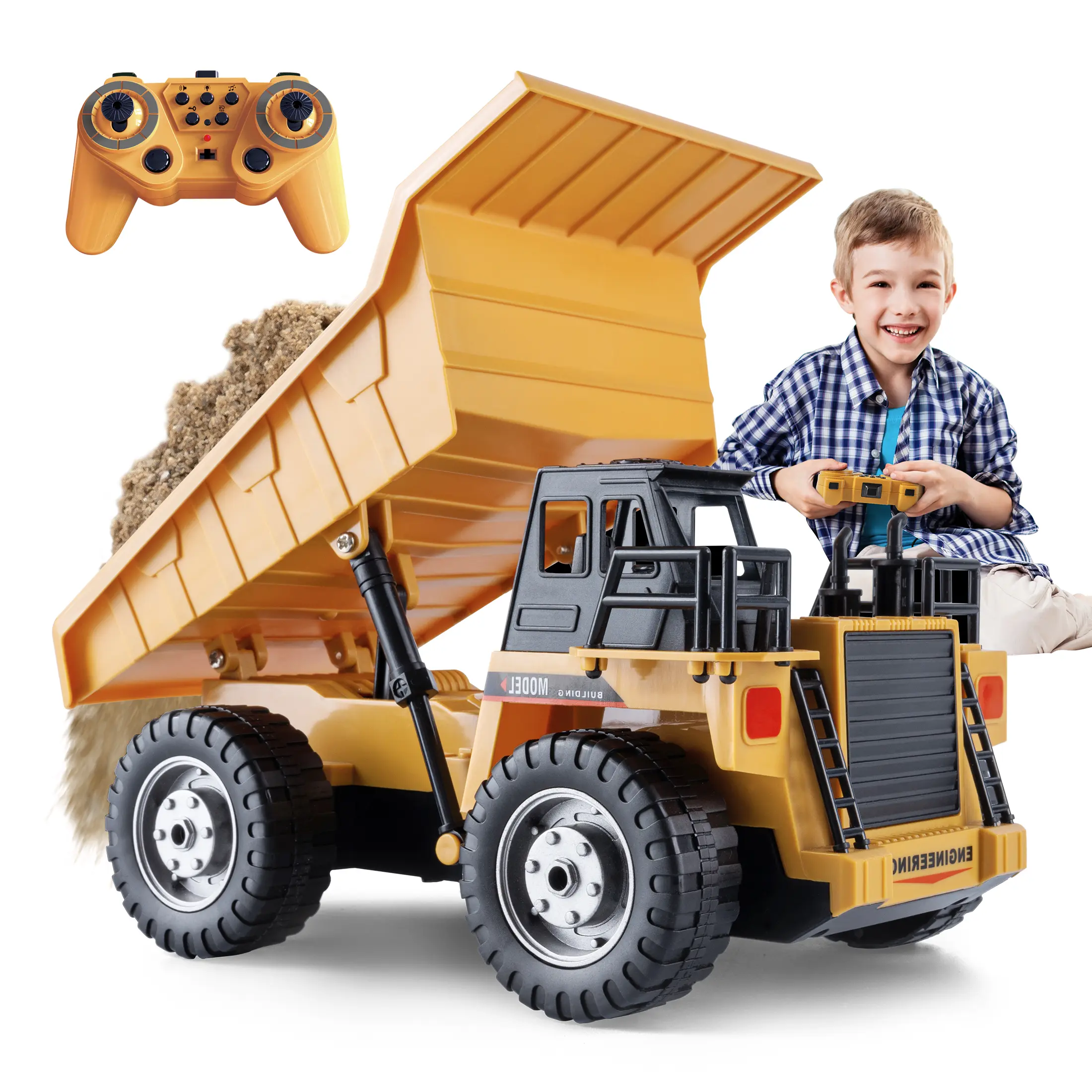 RC Construction Truck, 11-Channel Remote Control Dump Truck with Built-in Proportional Hydraulic Lift, Realistic Tipping Bed - Self-Unloading Tractor-Trailer Set, STEM Science Toy for Over 6 Yrs, Holiday Gift
