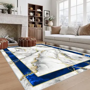 Crystal Velvet Blue Gold Marble Rug, Rug For Home, Waterproof Area Rugs, Decorative Area Rug, Soft Comfortable Mat, Door Mats, Kitchen, Living Room, Bedroom, Hallway, Laundry Room
