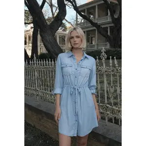 Tencel Denim Button Down Midi Dress with Short Sleeves, Ruched Design, Soft Casual Style for Women