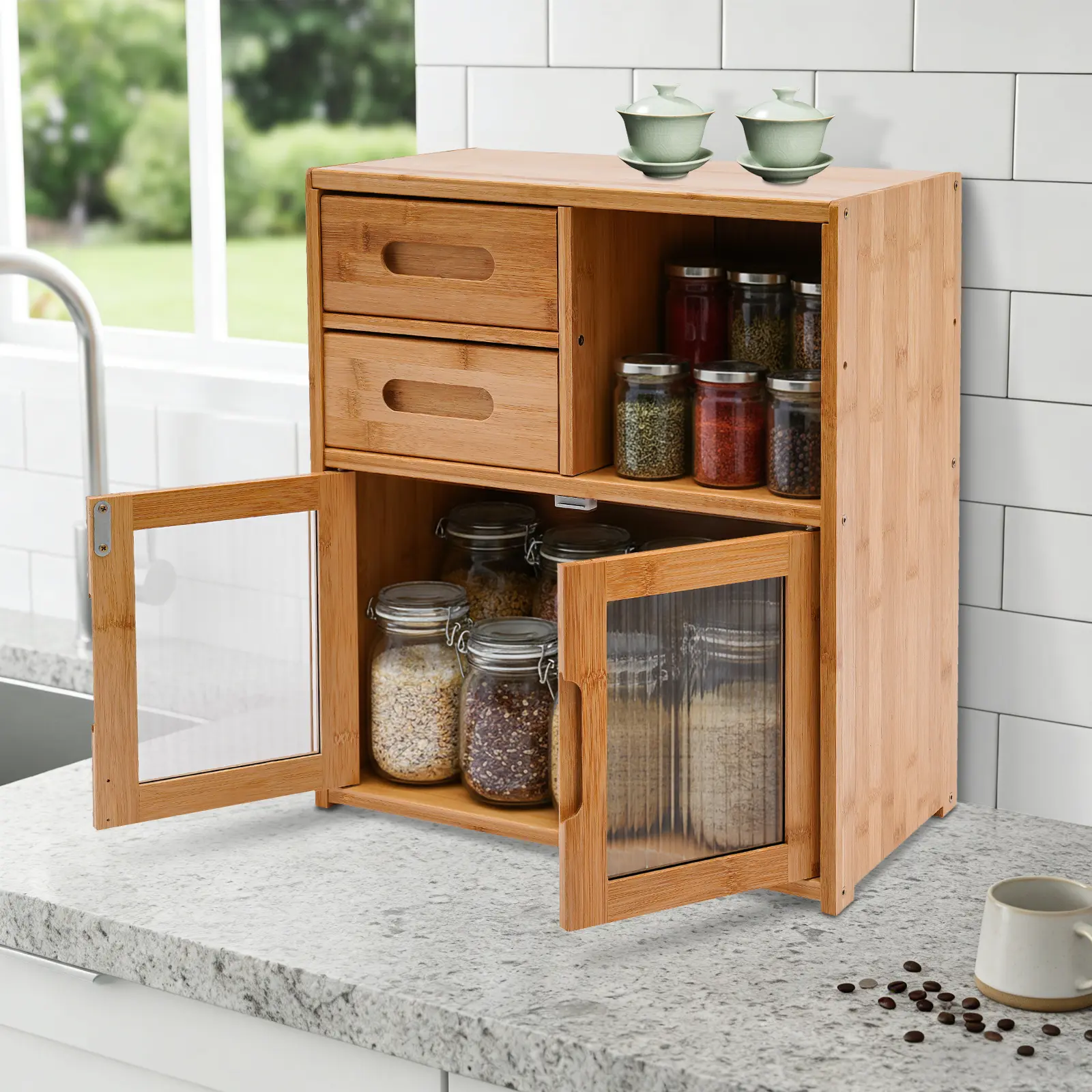 CNCEST Modern Bamboo Wood Rectangular Storage Cabinet - 16.5in Tall Floor Mount Organizer with 2 Drawers & Clear Doors, Acrylic Front Sideboard for Kitchen & Living Room