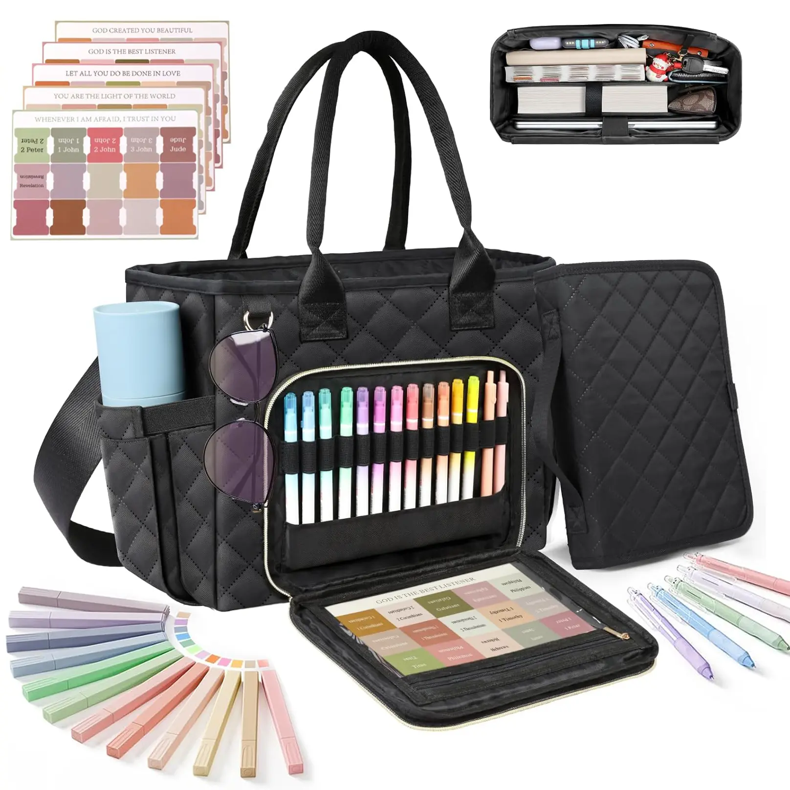 Large Bible Bag with Bible Cover Case for Women, Church Bag with Shoulder Strap, Quilted Bible Cover for Bible Study Supplies, a Christian Gift for Women