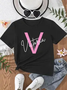 Custom Kids Initial & Name Graphic T-Shirt - Personalized Short Sleeve Crew Neck Toddler Monogram Tee