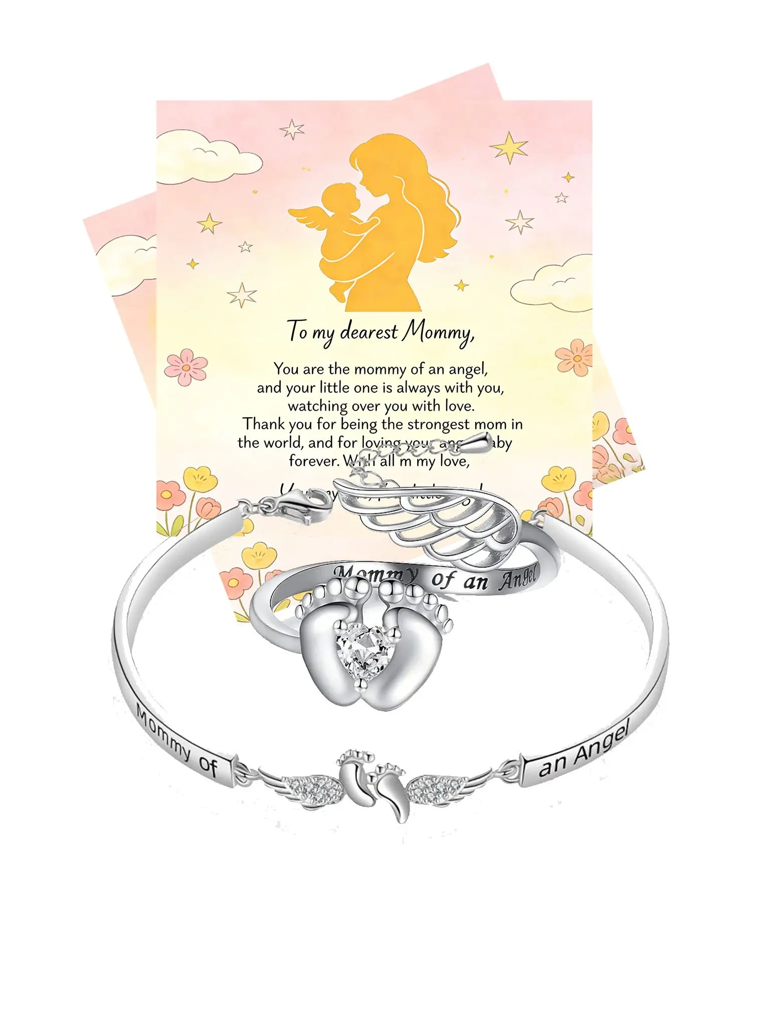 Mother's Day Angel Mom Bracelet, Adjustable Infinity Ring, Baby Memorial Band with Angel Wings and Footprints, Loss of Infant Gift, Jewelry Gifts, Bracelet Jewelry