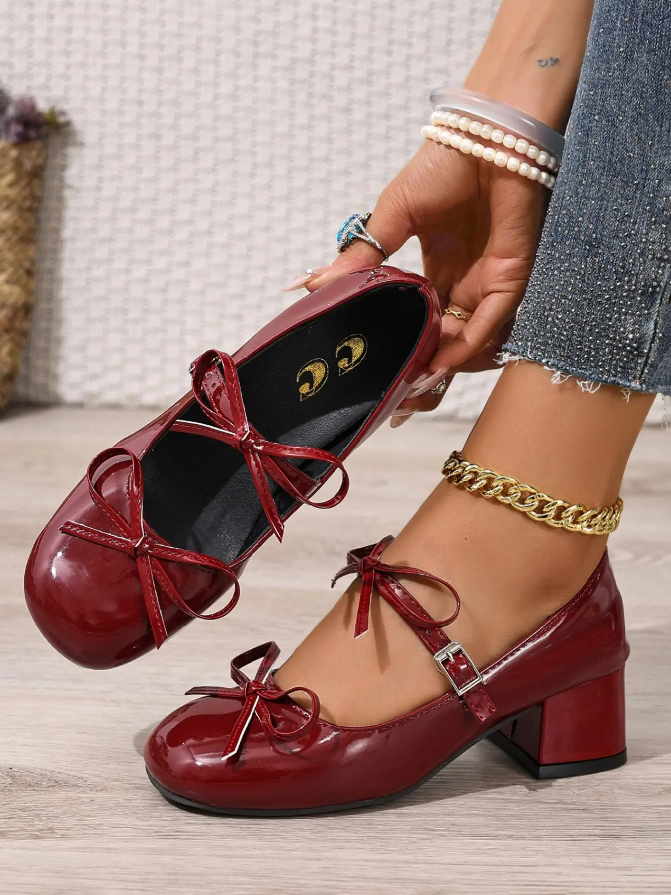 Women's Vintage Wine Mary Jane Shoes, Bowknot Design Shoes, Classy Stylish Y2K Style Thick Heel Square Toe Bow High Heels, Retro Round Toe Strap Mary Janes for Daily Wear, Parties, Commute, Chic Shoes, Bow Decorated Shoes, Footwear