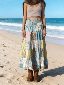 Women's Puzzle Print Floral Skirt, Long Loose-Fitting A-Line, Casual Daily Wear, Boho All-Season Fashion, Natural Waist Design