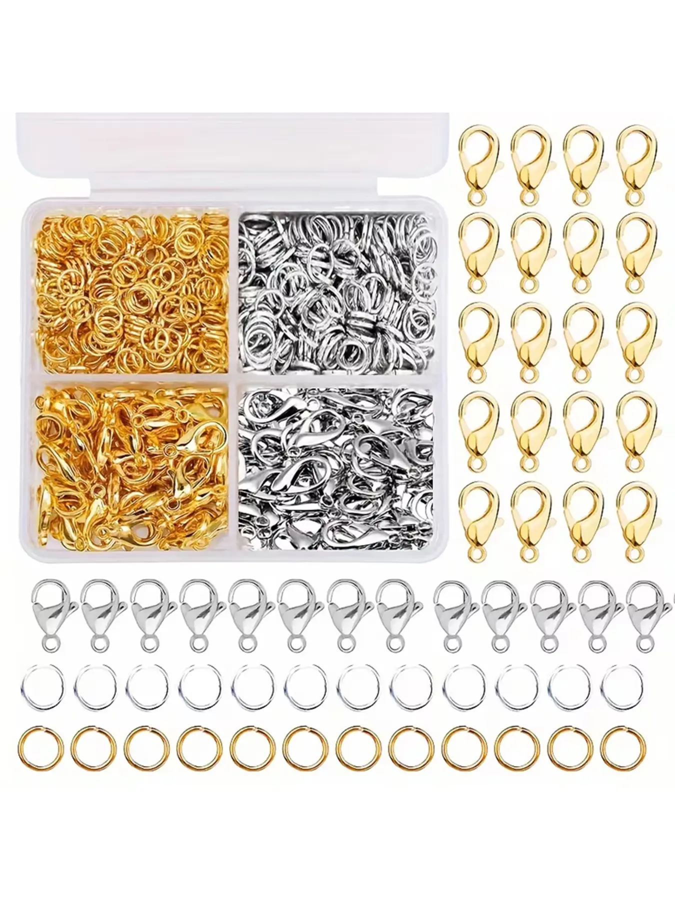 500pcs Jewelry Making Supplies Kit, Copper Metal (Gold & Silver Tone) Findings, Includes 12mm Lobster Clasps & 5mm Jump Rings with Storage Box, for DIY Necklace Bracelet Repair, DIY Jewelry Accessories, Diy Accessories Set
