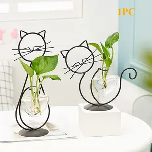 Hydroponic Glass Heart-shaped Vase with Stand, Cute Cat-shaped Vase, Decorative Vase, Home Decorative Vase, 1 Piece