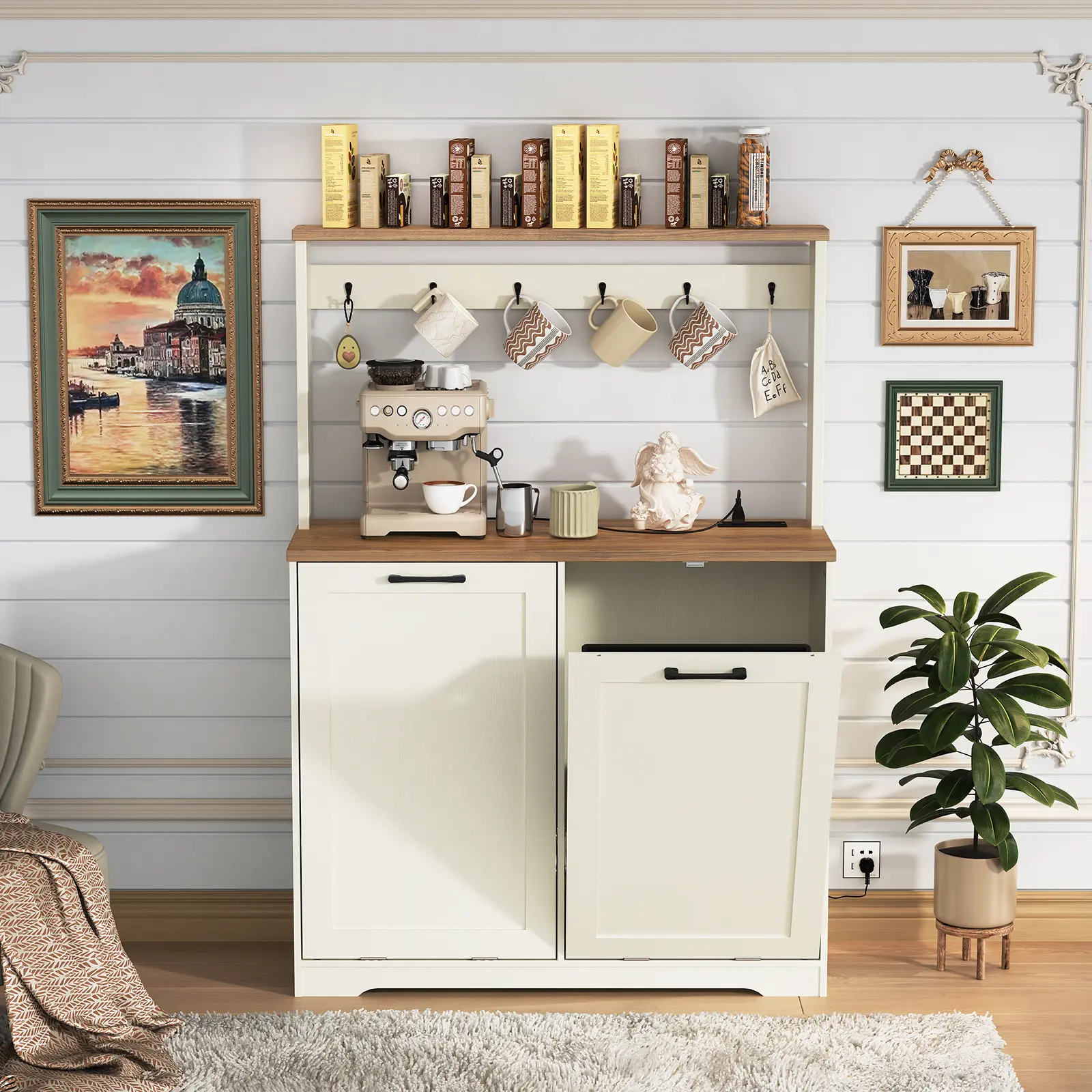 YATINEY Double Tilt Out Trash Can Cabinet with Charging Station, Kitchen Trash Bin Cabinet with Hooks, 20 Gallons Wooden Recycling Cabinet, Hidden Laundry Basket, for Kitchen, Laundry, White #SummerVibes#DealsforYouDays #SummerGarden