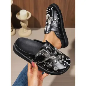 New Heavy-Duty Rivet Open-Toe Mules for Women, Thick Sole Slip-On Lazy Slippers, Vintage Metal Buckle Decor Half-Slides, Flat Buckle ClogsRAIMENTRY