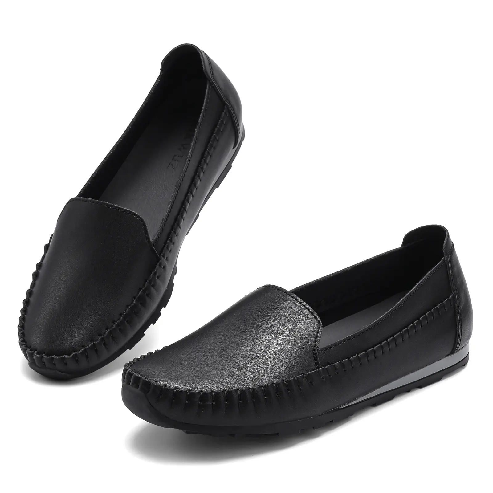 hikwuz Women's Contemporary Leather Loafers, Slip-On Cushioned Walking Shoes, Comfortable Round Toe Flats for Casual Office Work, Contemporary Loafers, Cushioned Loafers