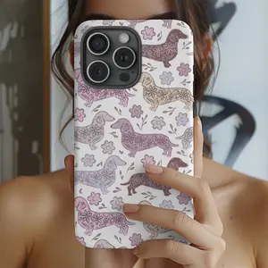 Cute floral dachshund pattern, durable and shock-absorbing glossy 2-in-1 phone case, suitable for iPhone 17, 16, 15, 14, 13, 12, 11, X, Samsung, and other series models. Makes a great holiday gift for friends or family.