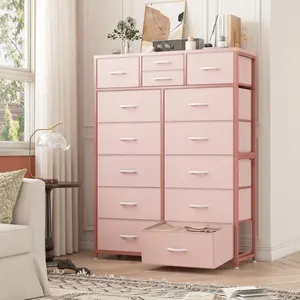 Raybee Furniture Tall Dresser, with 14 Storage Drawers, Large Fabric Dresser with Wood Top and Metal Frame for Closets, Living Room, Entryway