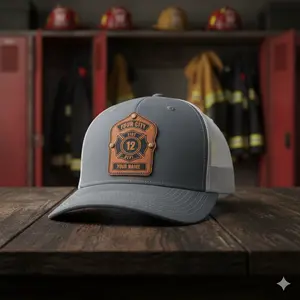 Custom Firefighter Leather Patch Hat | Personalized Fire Department Trucker Cap with Name, City & Number | First Responder Gift