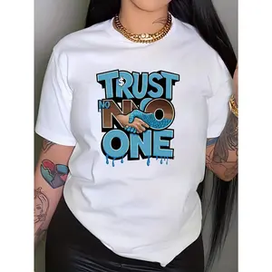 Women'S "No One Trusts" Graphic T-Shirt - Eye-Catching Blue And Brown DDT Effect Lettering, Vintage Street Style Round Neck Short-Sleeve T-Shirt, Comfortable Regular Fit Casual Everyday Shirt, Suitable for Layering in Spring And Autumn