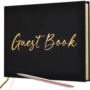 Black Guest Book for Graduation Party, Guest Sign in Book with Pen for Reception Wedding Baby Shower Birthday Funeral, 100 Pages with Gilded Edges and Gold Foiled Cover, 7×10″