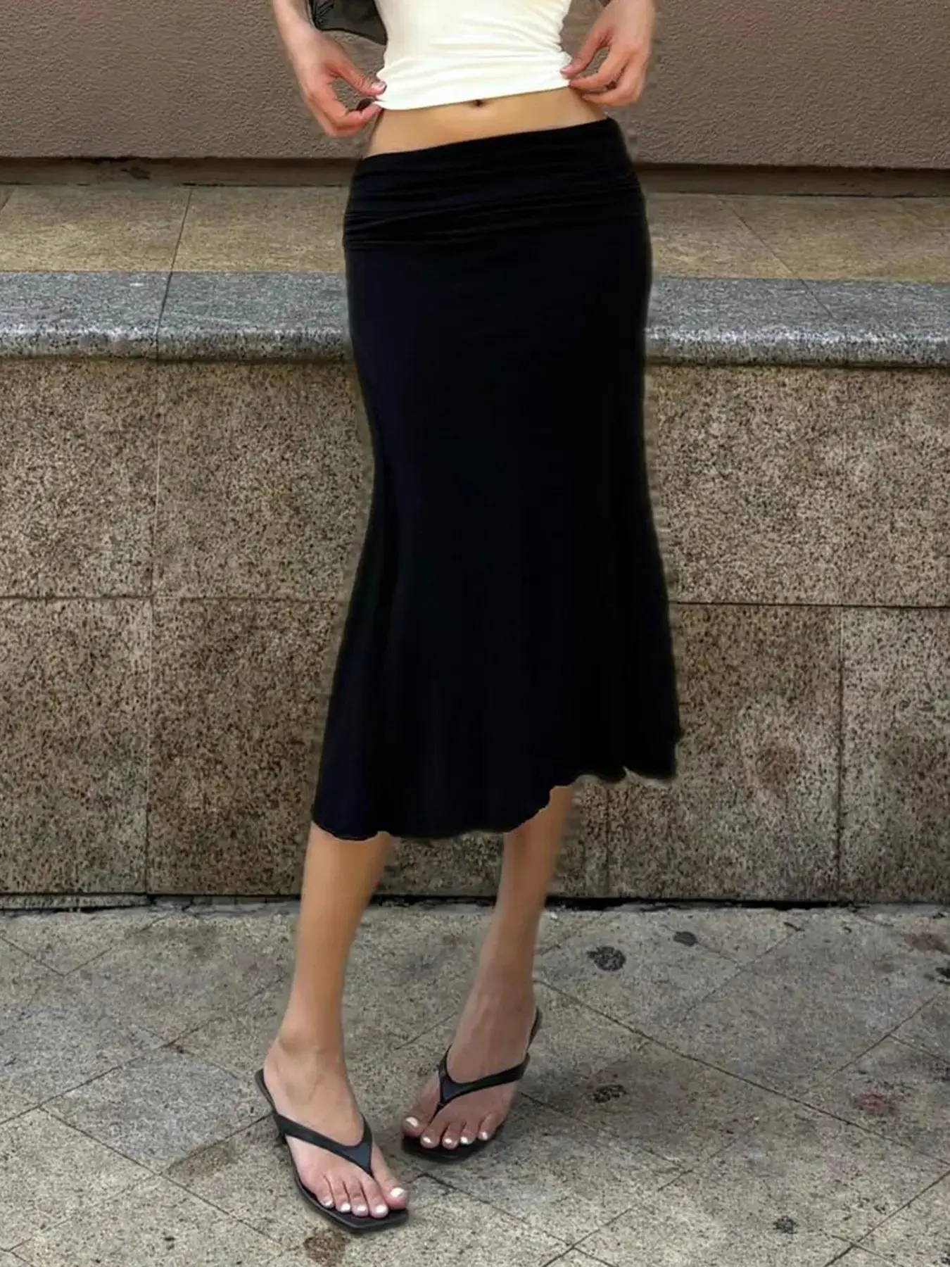 Elegant Ruched High-Waisted Midi Skirt for Women, Y2K Tailored Asymmetric Flared Design with Side Detail, Versatile Summer Slim-Fitting Silhouette, feminine charm, graceful movement, chic appeal, flirty hem
