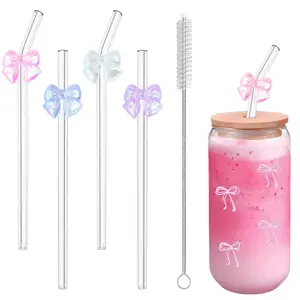 4 Pcs Reusable Glass Straws with 1 Cleaning Brush, Cute Colorful Bow Glass Straw Shatter Resistant, Reusable Straws Dishwasher Safe Drinking Straw for Smoothies, Milkshakes, Juices, Teas, Home Bar Accessories Straw Combo