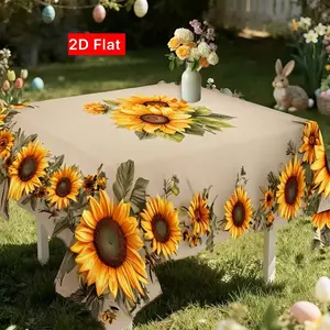 2D Flat Party Tablecloth 1pc, Sunflower Print, Floral Edge Design, Festive Outdoor Decor, No Power Needed, Perfect for Parties and Patios