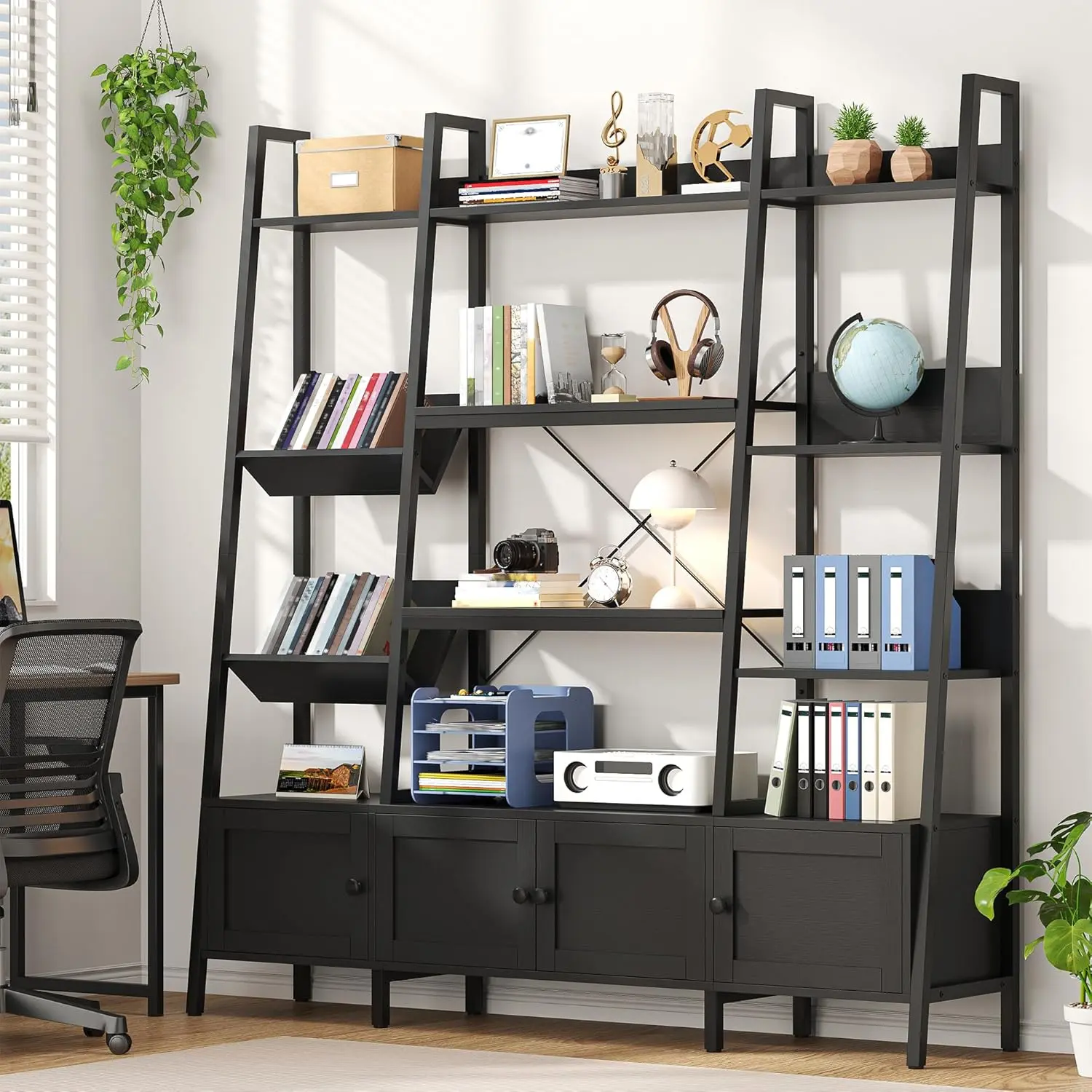 Black Triple-Wide 4-Tier Ladder Bookcase with 4 Doors, Adjustable Open Shelves, Storage Cabinet for Home, Office Use