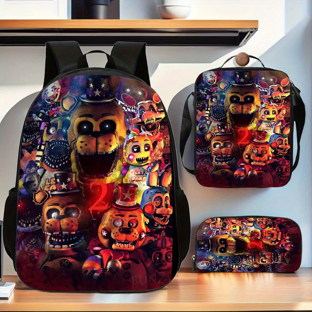 Freddy 3pcs Backpack Collection, Featuring a Spacious Casual Double-Shoulder Backpack, a Pencil Case, And a Lunch Container, with a Zipper Design And Adjustable Straps, Showcasing Random Prints, Perfect for Travel, Commuting, Or As a Daily Gift
