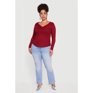 Plus Size Ribbed Knit Snap Button Front Long Sleeve Tee