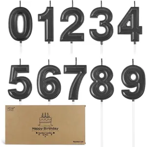 Black Number Candles 0-9 (10 Pcs) - Numeric Birthday Cake Candles with Digits 1 - 9 & 0 - Luxury Wax Numbers for Party Decorations, Anniversary, Wedding, Celebration Supplies