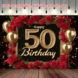 2D Flat - 1pc Elegant 50th Birthday Party Banner Happy Birthday | Golden and Red Polyester Background, Perfect for Home and Wall Decorations, Photo Props, Party Supplies, and Birthday Party Decorations, Party Decorations Banners