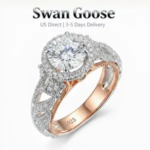 S925 Sterling Silver 3CT Rose Gold Round Cut Openwork Ring Halo Engagement Ring with D VVS1 5A Cubic Zirconia Engagement Ring for Women