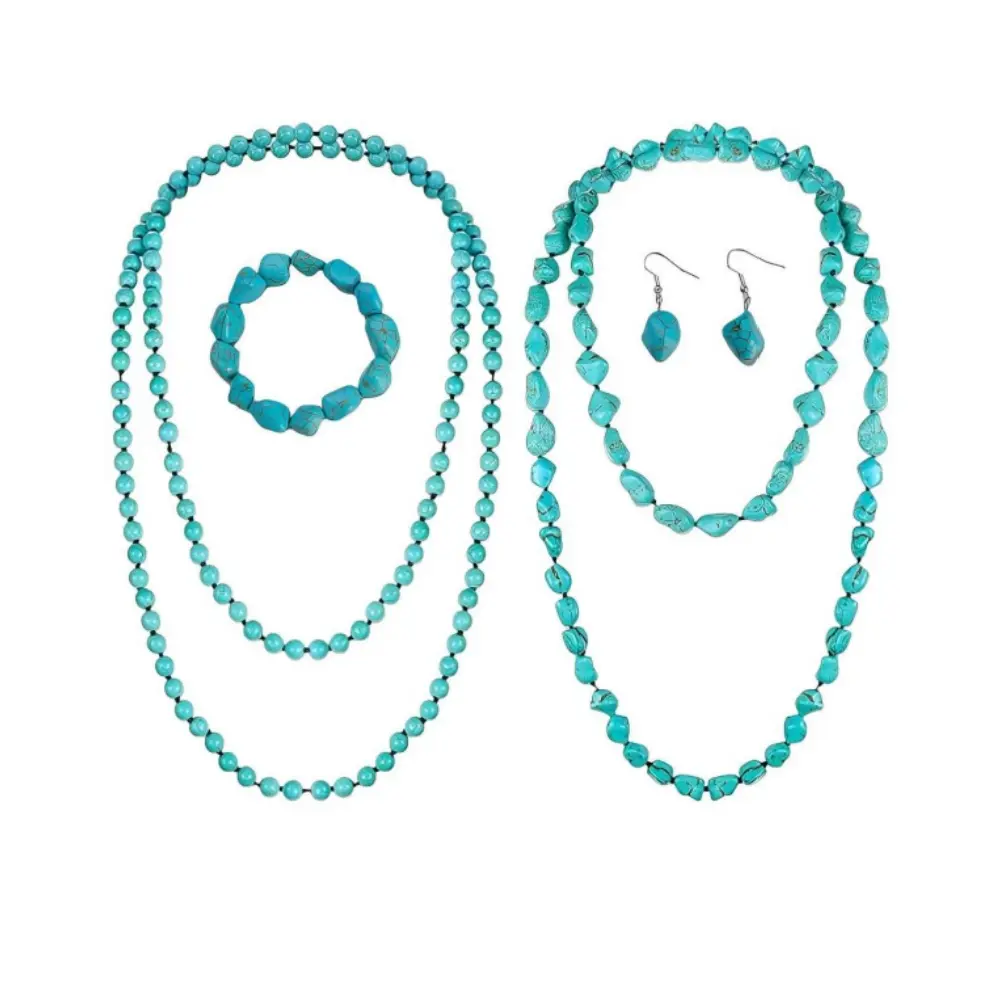 2 Pcs Turquoise Beads Necklace、1 Pcs Bracelets and 1 Pcs earrings – 47.5 Inch Long Endless Necklace, Multi‑Strand Layer, Knotted Handmade Jewelry – Adjustable Wrap Bracelet, Boho Layered Look, No Clasp – Turquoise Gemstone Color Beads, Lightweight
