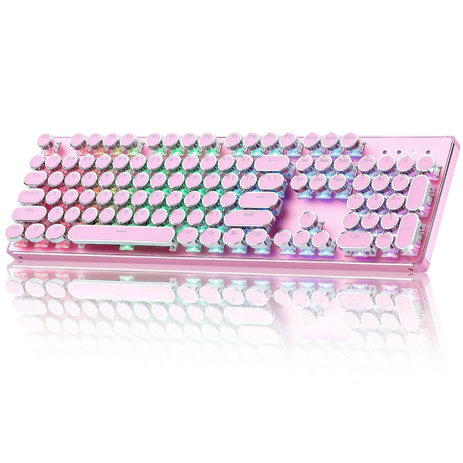 YUNZII QL108 Pink Typewriter Style Mechanical Gaming Keyboard, Full Size Hot Swappable RGB Backlit Keyboards, Metal Panel Retro Punk Round Keycaps, USB Wired Computer Keyboard