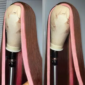 Aodbar Fashion Synthetic Wig, Pink Skunk Stripe Highlight Long Straight Glueless 13*4 HD Transparent Lace Front Wig, Brown Accent, Heat Resistant, Natural Looking with Realistic Hairline, Fashion Wig, Glueless Wig