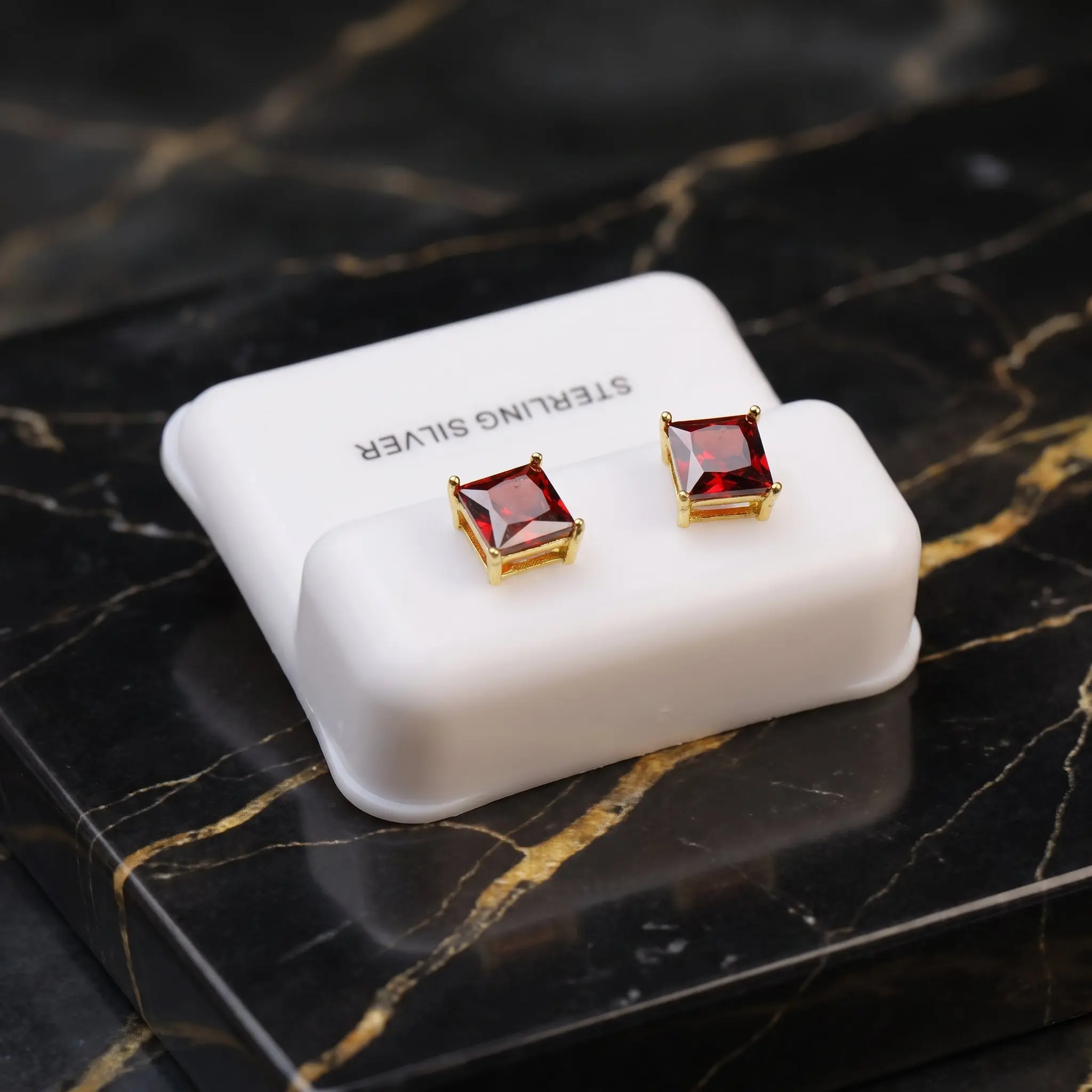 Ruby Red Cz Earrings Square 14k Gold over 925 Sterling Silver