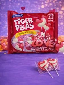 Colombina Swirled Love Tiger Pops, Strawberry and Cream Flavored, Individually Wrapped Lollipops, Perfect for Valentine's Day Gifts, 20 Count (Pack of 1)