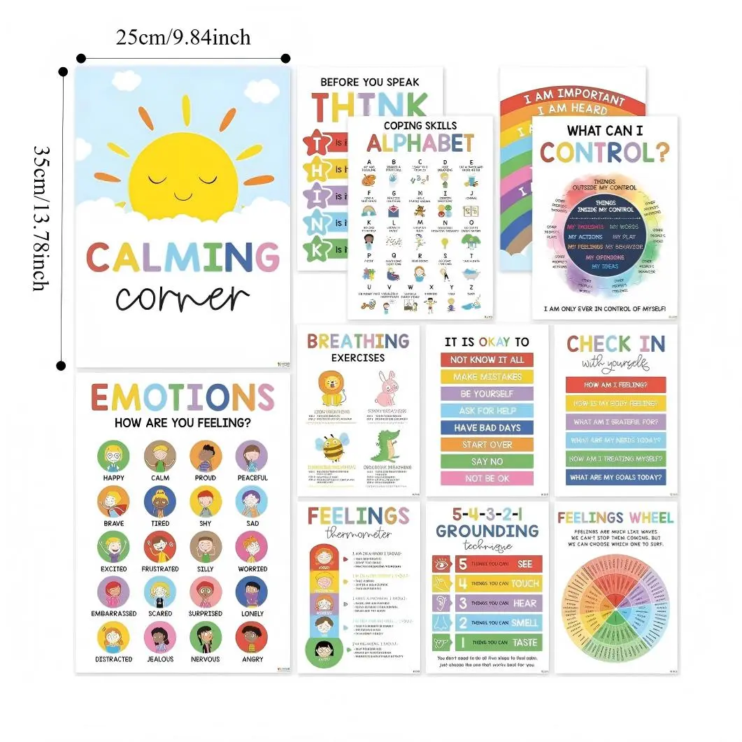 Calming Posters-ESL 12Pcs(10x14),Emotions Chart For Kids,Calm Down Corner Supplies,Classroom Therapy Decor,Visual Learning Tools For Emotional Regulation,Ideal For Preschool Homeschool Counselor,Ideal Children's Day Gift For Boys Girls