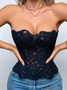 1pc Black Textured Sheer Floral Lace Corset Hollowed Out Bustier Crop Top For Daily Wear/Party/Wedding