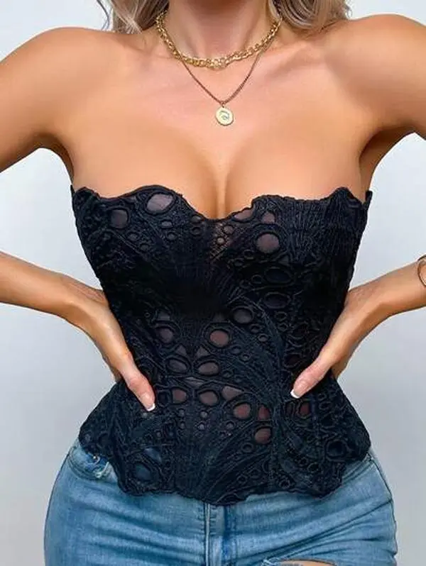 1pc Black Textured Sheer Floral Lace Corset Hollowed Out Bustier Crop Top For Daily Wear/Party/Wedding